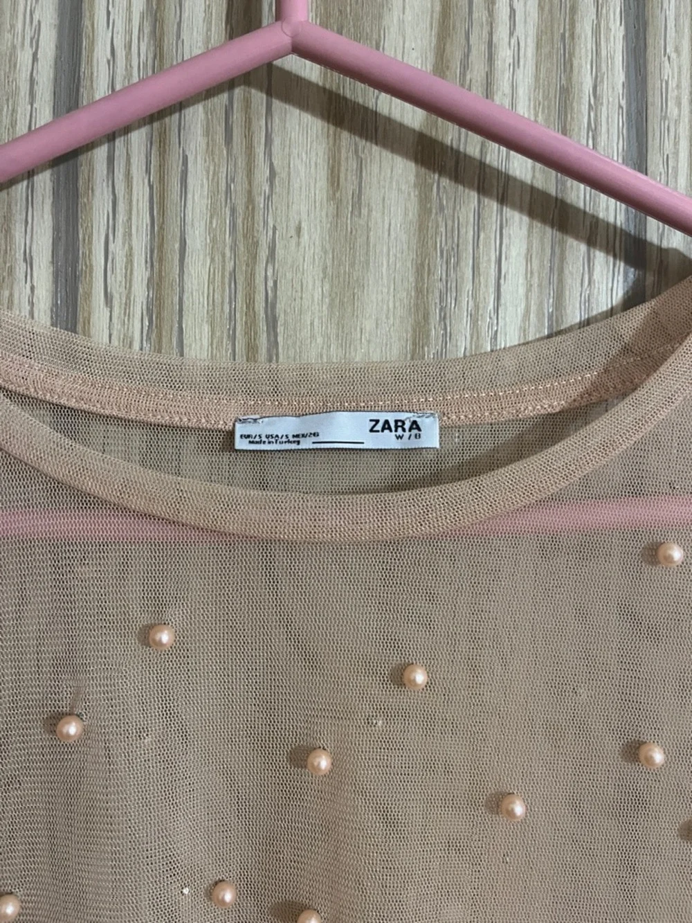 Zara Peach Sheer Pearl-Embellished Short Sleeve Top - Picture 3 of 7